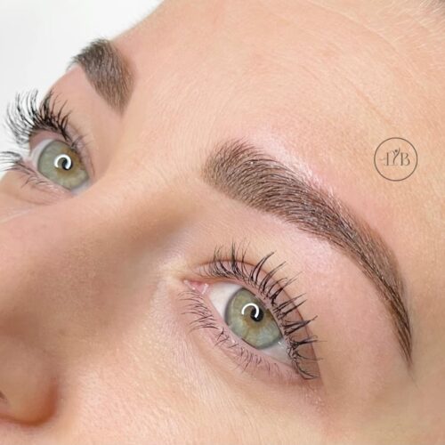 Une femme ont les yeux clairs qui a fait faire restructuration et teinture des sourcils pour les sourcils plus nettes et fournis